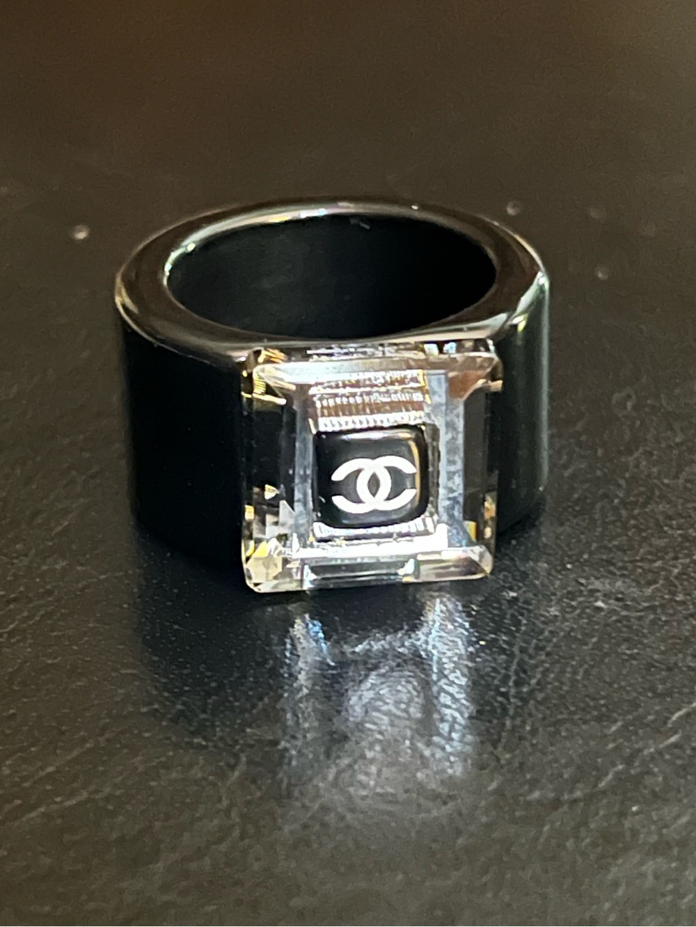 ChaneI Black Acrylic Bold Chunky Center Letter Logo Ring